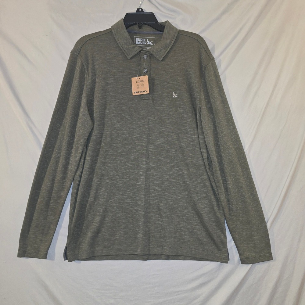 Eddie Bauer Long Sleeve Melange Polo Size M Mens Olive Green Stretch Ultrasoft